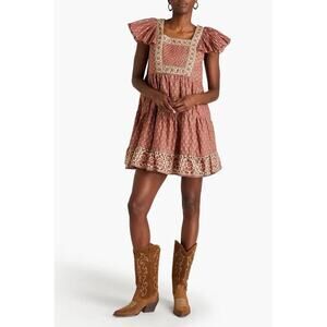 SEA Fernanda Cotton Pintucked Mini Dress Antique Rose Floral Boho Prairie S NWOT